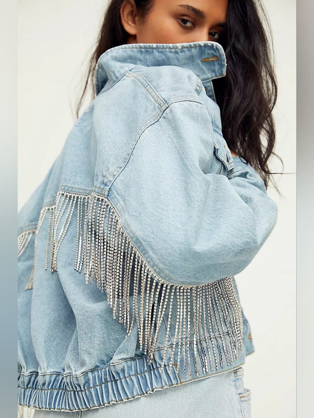 Rare We The Free Comet Rhinestone Fringe Denim Bomber Jacket, Light Wash, L